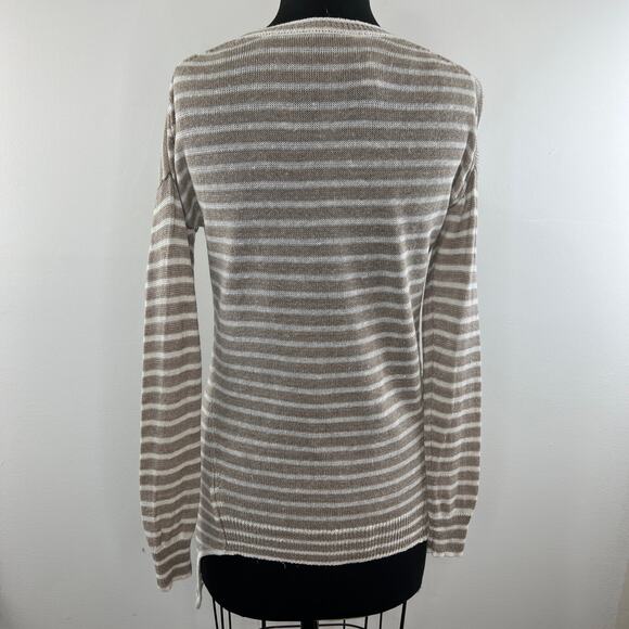 White + Warren Tan White Striped Linen Long Sleeve Round Neck Tunic Size XS - Picture 7 of 10